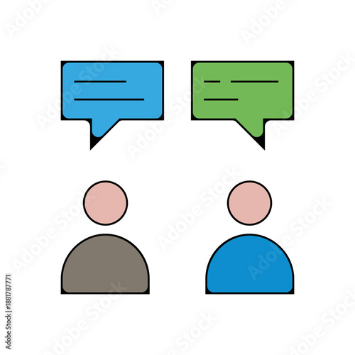 Icône colorée de dialogue et conversation entre deux personnes, bulles de discussion, style flat vectoriel