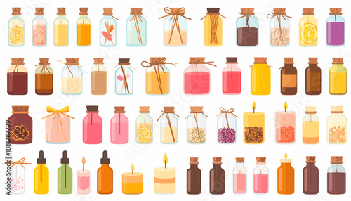 Assorted Glass Bottles with Various Contents.