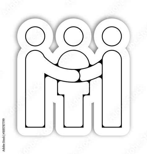 Icône colorée de soutien et cohésion d'équipe, trois personnes solidaires, style flat vectoriel