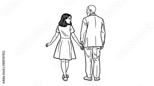 A couple holding hands and walking together viewed from behind in a minimalist line art style