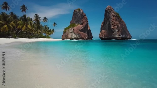 Tropical paradise beach with turquoise ocean waves crashing on white sand shore palm trees and dramatic rock formations under a clear blue sky serene coastal landscape