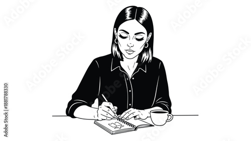 Focused woman meticulously journaling thoughts while enjoying a warm beverage in a stylish