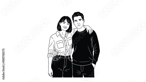 Artistic illustration of a young couple embracing and smiling for a portrait