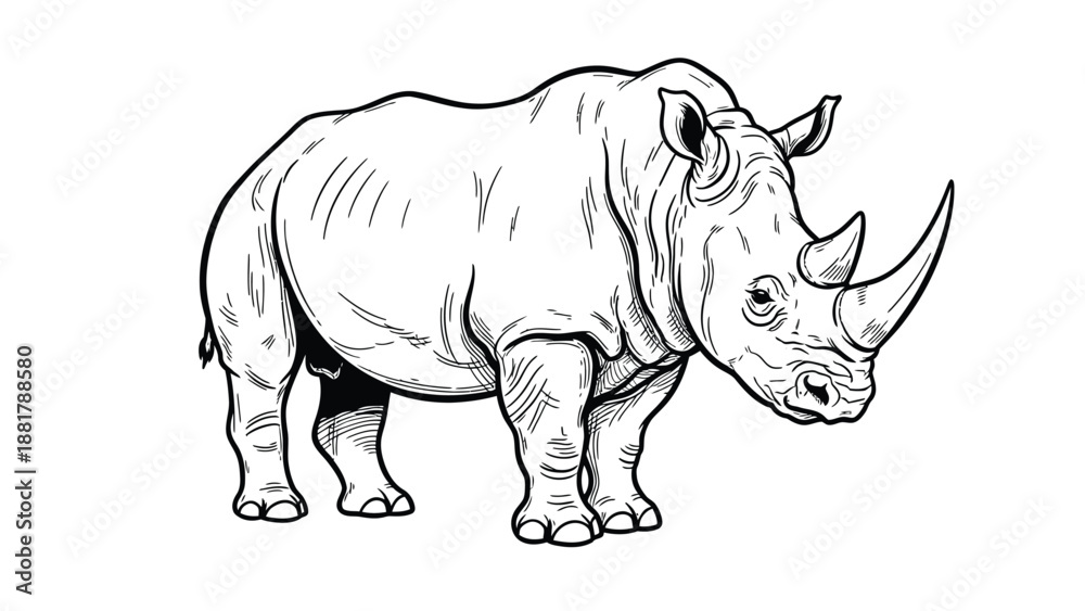 Fototapeta premium Striking black and white sketch of a powerful rhinoceros with detailed linework and shading