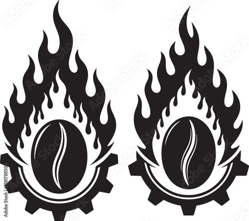 Two coffee bean gear silhouette in flame design