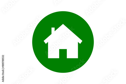 Green and White Home Icon - Minimalist circular house symbol for homepage navigation and residential real estate isolated on transparent background for mobile application design.