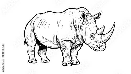 Striking black and white sketch of a powerful rhinoceros with detailed linework and shading