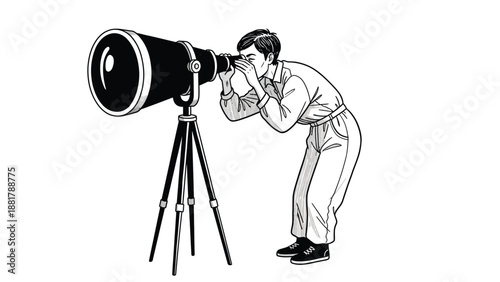 A Person Observing Distant Horizons Through a Large Telescope on a Tripod