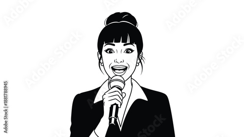 Dynamic female speaker engaging audience with microphone on white background stylized illustration