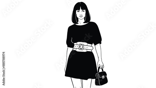Chic minimalist illustration of a woman in a black dress and wide belt holding a handbag