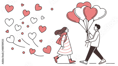 Romantic Couple Illustration with Heart Balloons and Love Symbols in Flat Line Style
