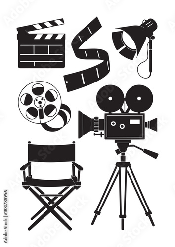 Black equipment white camera clapperboard