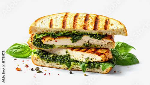 Grilled Chicken Pesto Sandwich Stacked with Fresh Basil and Spices, Isolated on White