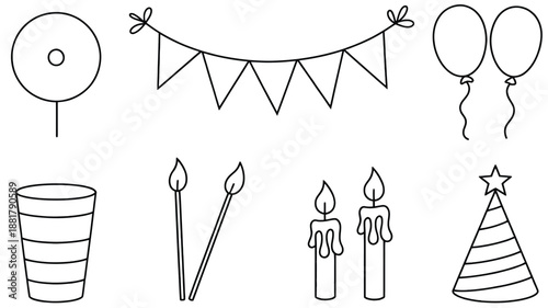 Black and white line of birthday party including lollipop balloons bunting matchsticks candles cup and party hat