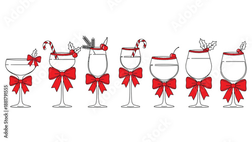 Collection of elegant wine glasses adorned with festive red bows and unique holiday garnishes