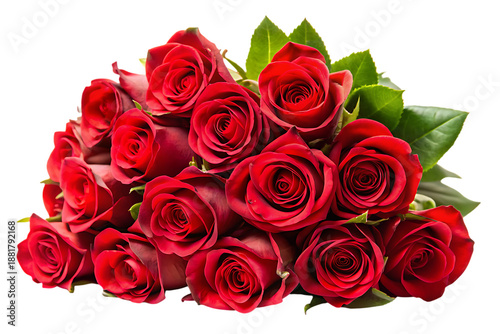 Bouquet of red roses on black background with green leaves