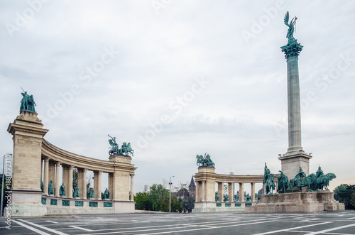 Panoramic view of Heroes Square with archangel Gabriel Millennium Monument Column in a cloudy morning in Budapest, Hungary