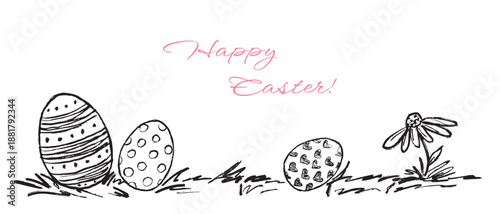 Hand drawn Easter eggs landscape on the grass with flower. Spring, happy Easter greeting card, invitation. Vector sketch illustration in vintage crayon charcoal style