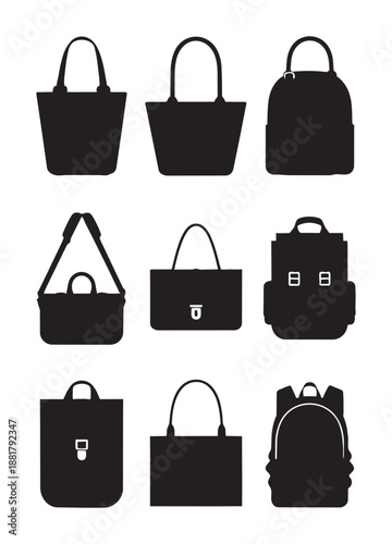 Black silhouettes of various handbags and backpacks white