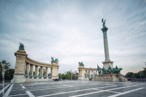 Panoramic view of Heroes Square with archangel Gabriel Millennium Monument Column in a cloudy morning in Budapest, Hungary