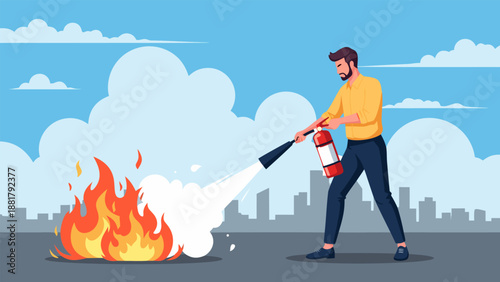 Man extinguishes fire with a portable fire extinguisher, demonstrating fire safety and emergency preparedness