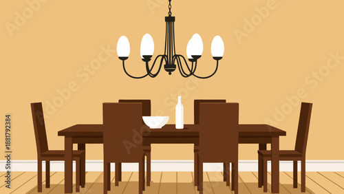 A minimalist flat illustration of a wooden dining table with chairs and a chandelier overhead, perfect for home decor concepts
