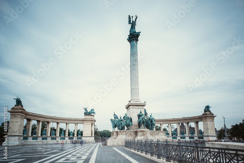 Panoramic view of Heroes Square with archangel Gabriel Millennium Monument Column in a cloudy morning in Budapest, Hungary