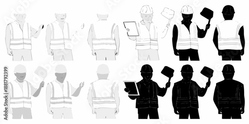 Construction workers in safety vests shown in various poses and shades