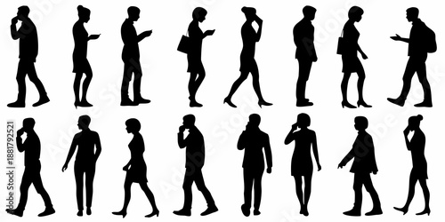Silhouettes of people in various poses and walking business and casual attire