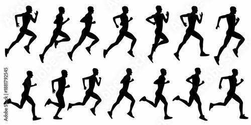 Silhouettes of runners in various poses depicting the motion of running