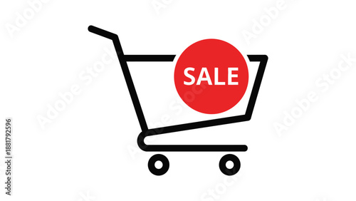 Simple black outline icon of a shopping cart featuring a prominent red circle badge announcing a major sale promotion