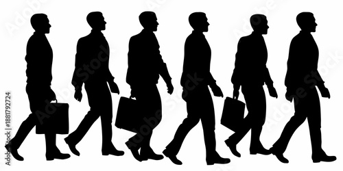 A group of silhouetted businessmen walking forward with briefcases in a line