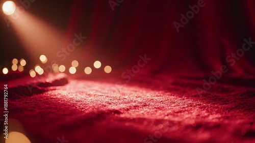 Rich red velvet curtain illuminated by spotlight and bokeh lights