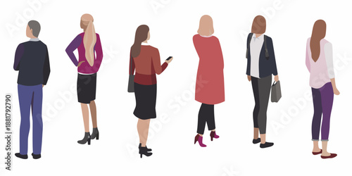 A group of people standing together viewed from the back in various outfits