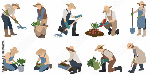 Diverse gardeners tending to plants and harvesting produce in a cheerful setting