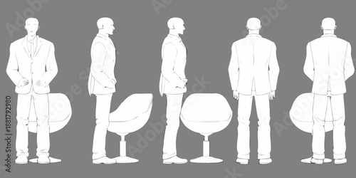 A series of male figure outlines wearing suits in different poses