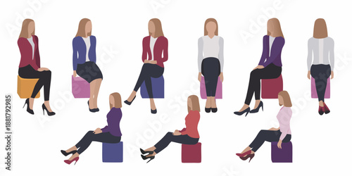 A collection of minimalist vector illustrations depicting women in various seated poses