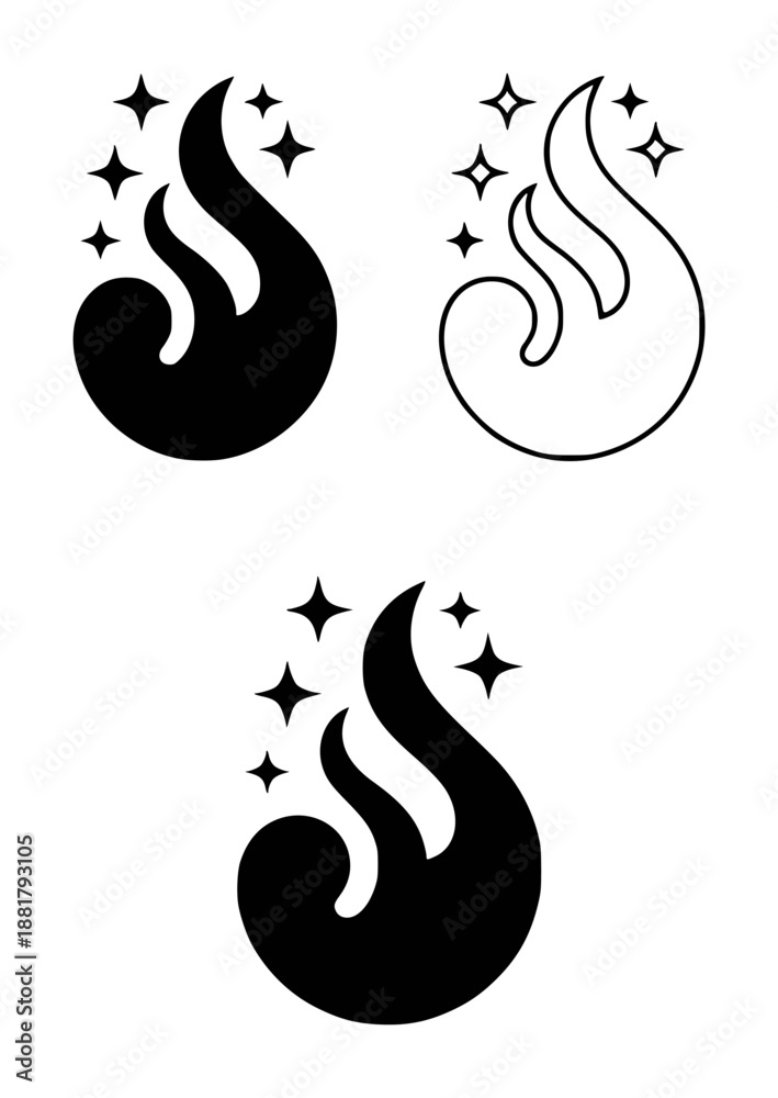 Fototapeta premium Stylized flame with sparkling stars in black and white fire symbol