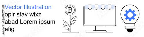 Cryptocurrency, fintech, blockchain, innovation, digital economy, technological development. Bitcoin symbol on a growing plant, computer monitor gear inside a lightbulb. Cryptocurrency and fintech