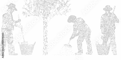 Silhouettes of gardeners working among trees in a grayscale illustration
