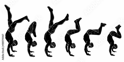 A sequence of silhouettes demonstrating the stages of a handstand and backbend