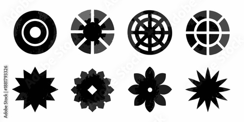 A series of black and white circular and floral patterned designs