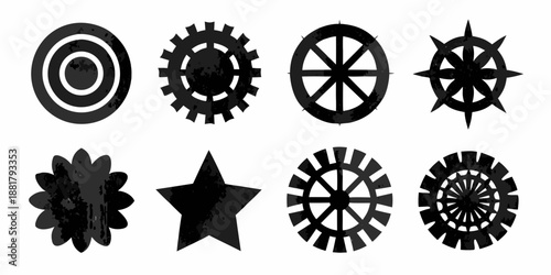 Collection of diverse black and white geometric shapes and mechanical elements