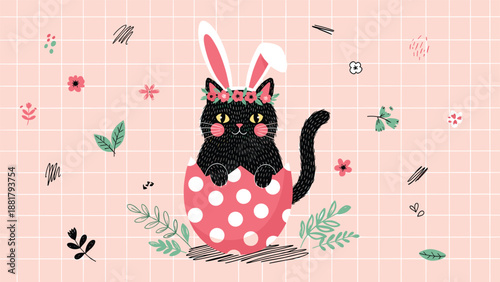 Whimsical Easter illustration of a black cat wearing bunny ears and a flower crown sitting inside a pink polka-dot eggshell.