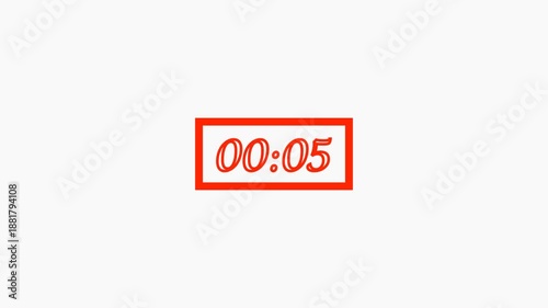 Red Digital Countdown Timer 00:05 on White Background Minimal Time Indicator Animation.