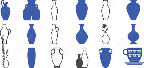 Collection of blue and outline vases jars and a decorative cup with floral pattern