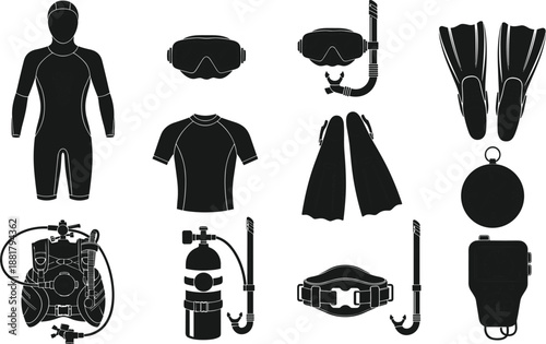 Large collection of black silhouettes featuring professional scuba diving gear including wetsuits oxygen tanks masks fins and snorkels for underwater exploration and marine adventure concepts