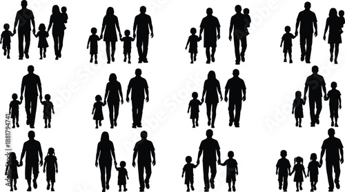 Large collection of black silhouettes featuring various happy families with parents and children walking together for domestic lifestyle childhood development and household emotional bonding concepts