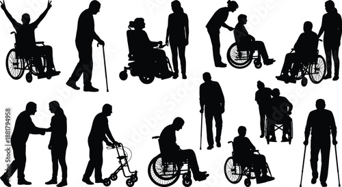 Disability care silhouettes collection, wheelchair users elderly and caregivers, rehabilitation assistance scenes, accessibility healthcare support, black figures isolated white background