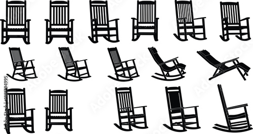Large collection of black silhouettes featuring various wooden rocking chairs and reclining lounge seats for home furniture decor front porch relaxation and traditional interior design